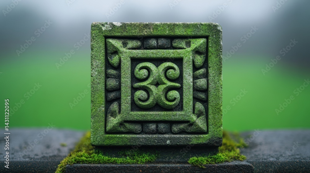Poster decorative green stone block with intricate pattern against a misty background, showcasing textures 