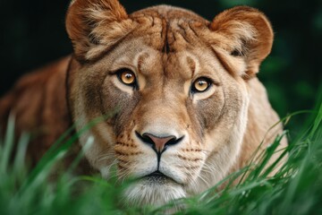 Fototapeta premium Majestic lioness resting in lush green grass during a tranquil afternoon