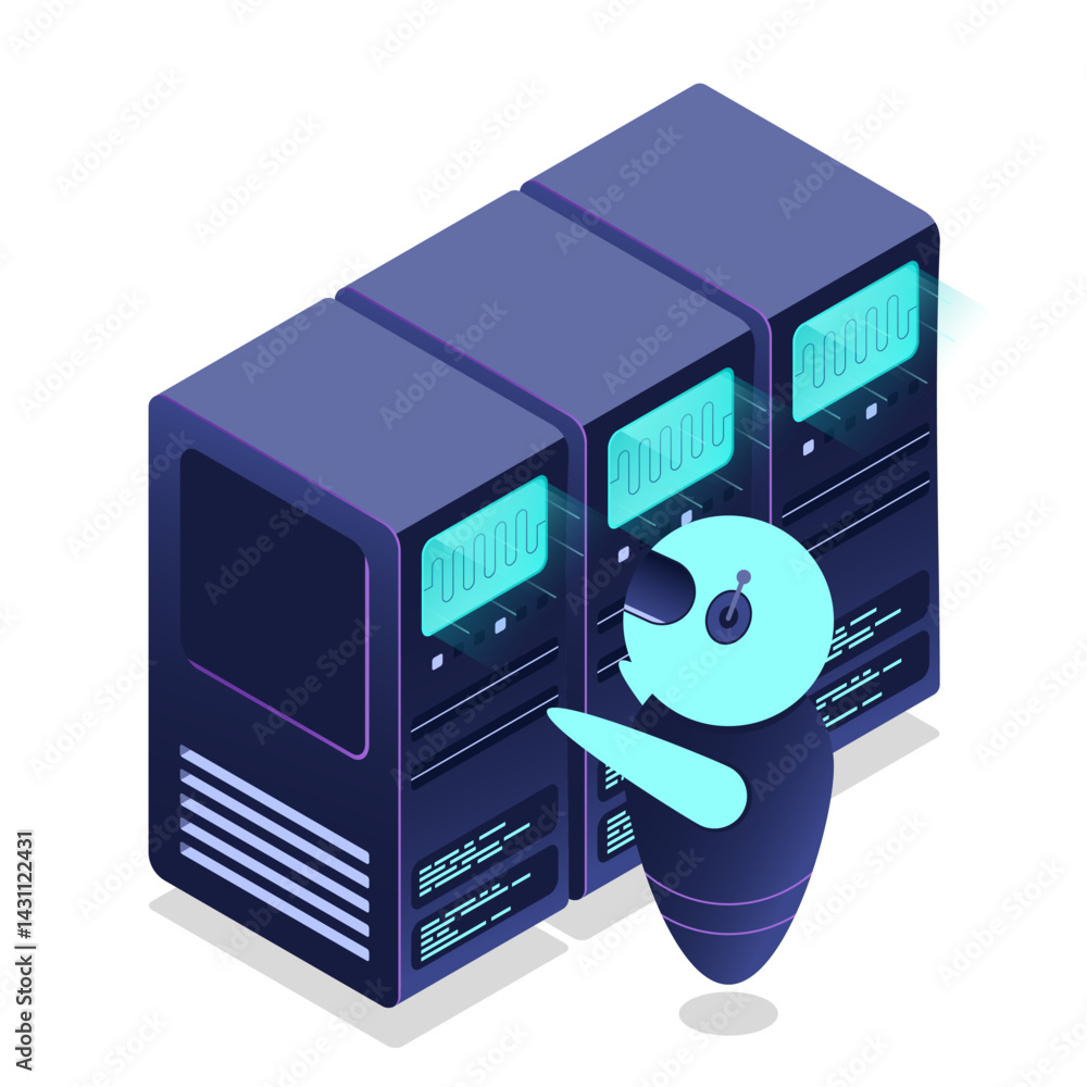 Poster Isometric futuristic server. Isometric database or data center. Abstract blockchain. Computer storage. Cloud storage. Isometric technology