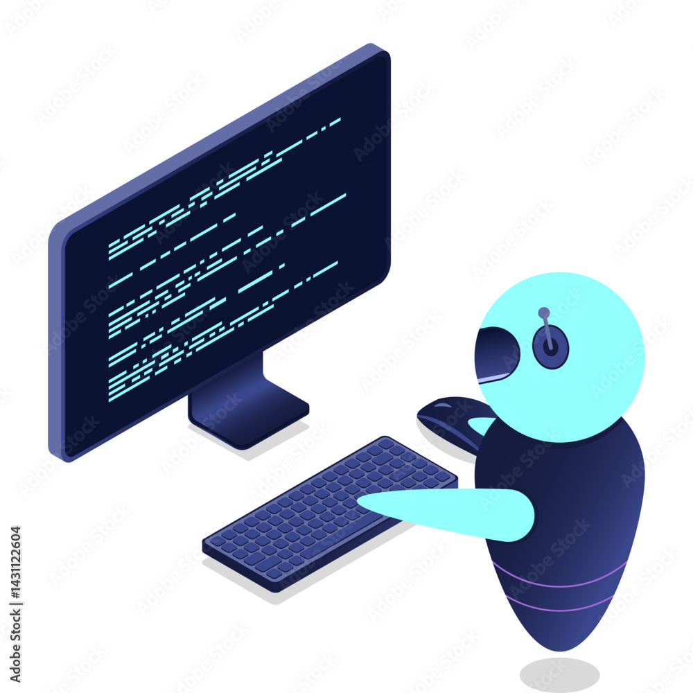 Poster futuristic robot interaction with computer. isometric ai robot. digital communication chatbots. isom