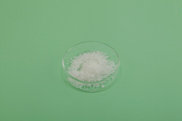 Saltpeter, Magnesium nitrate powder in Petri dish. Fertilizer has positive effect on development of...