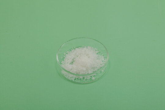 Saltpeter, Magnesium nitrate powder in Petri dish. Fertilizer has positive effect on development of vegetative mass, stimulates process of photosynthesis, eliminates of magnesium chlorosis