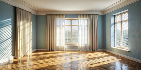 Obraz premium Sunlight Streams Through Sheer Curtains in an Empty Room with Hardwood Floors