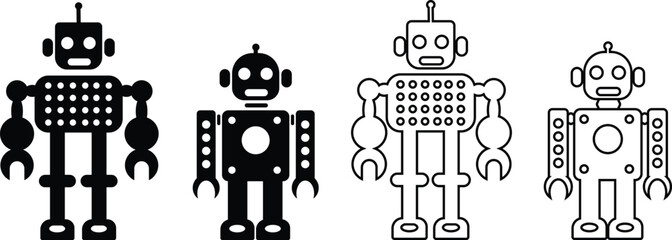 Machine humanoid robot character icon set. Friendly robotic cheerful bot. Mechanical electronic machine, android smiling. Adorable fantastic AI. Childish flat vector isolated on transparent background