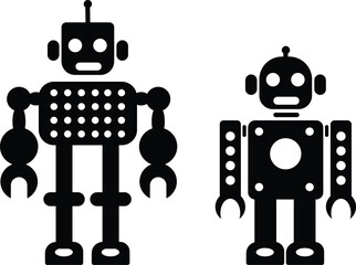 Machine humanoid robot character icon set. Friendly robotic cheerful bot. Mechanical electronic machine, android smiling. Adorable fantastic AI. Childish flat vector isolated on transparent background