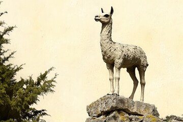 A light-toned llama sculpture atop a rocky outcrop.