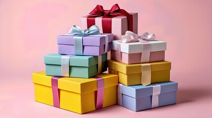 Neatly stacked pastel gift boxes with delicate bows sit against a soft pink background, radiating charm and festive elegance.

