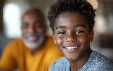 Happy young boy with grandfather in background