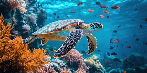 Fototapeta premium A sea turtle gracefully swimming near colorful coral, with small fish surrounding it