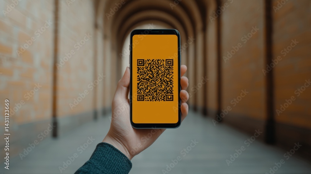 Poster hand holding smartphone displaying qr code against architectural background in a marketing context f