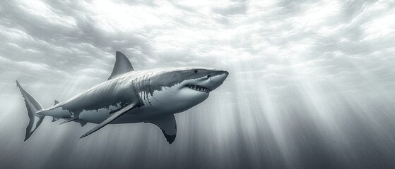 Shark swimming underwater with sunlight streaming through the water surface.