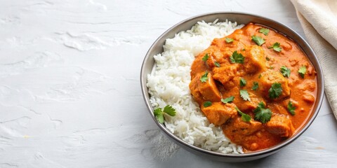 Aromatic Creamy Chicken Stew Served with Fluffy White Rice in a Rustic Bowl