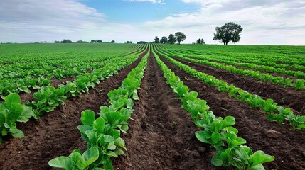 Obraz premium Rows of vibrant green plants stretch across fertile soil, basking in sunlight and reflecting the harmony of sustainable agriculture.