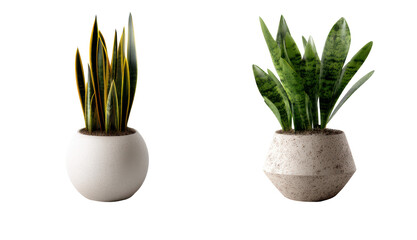 Two potted snake plants in different styles on a transparent background.	