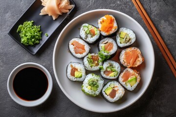 Fresh Sushi Rolls with Wasabi, Ginger, and Soy Sauce on Table