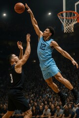 Female basketball player in white top leaps midair toward hoop in dramatic light, preparing powerful dunk. Concept of movement
