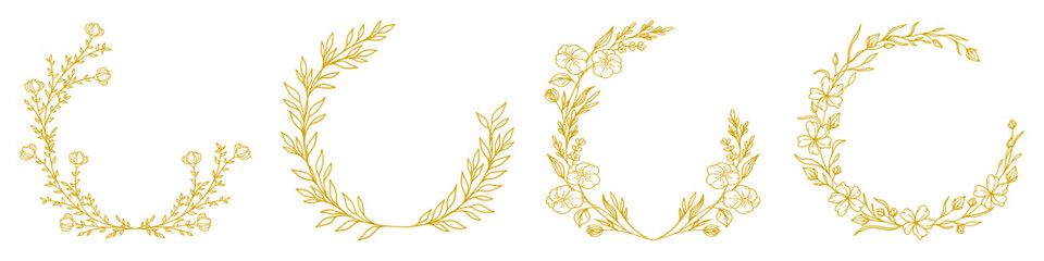 Luxury botanical gold wedding frame elements on white background. Set of circle shapes, glitters, eucalyptus leaves, leaf branches. Elegant foliage design for wedding, card, invitation, greeting.