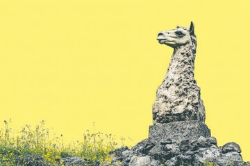 Stone sculpture of a llama against a vibrant backdrop.