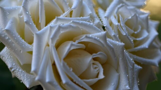 Macro view delicate white rose petals covered in tiny glistening water droplets dew Evokes purity innocence beauty romance freshness tenderness morning spa concepts floral