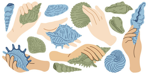 Set of vector illustrations of hands holding seashells, symbolizing nature, ocean and tranquility. Perfect for coastal beauty, relaxation and marine life themes.