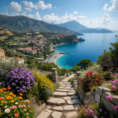 Stone pathway with flowers overlooking a coastal town with beach and mountains under a blue sky