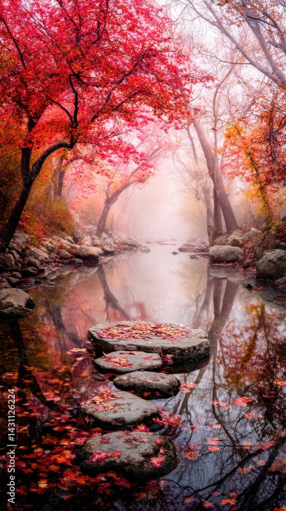 Poster serene autumn landscape with vibrant red maple trees reflected in a calm river with stepping stones 