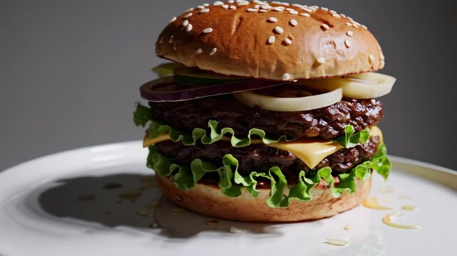 Tall double cheeseburger with two beef patties melted cheese red onion lettuce sesame seed bun on a white plate Classic american fast food indulgence unhealthy large meal