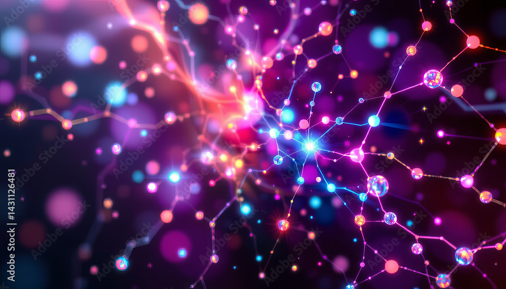 Poster abstract colorful network design with glowing nodes and connections, creating vibrant visual