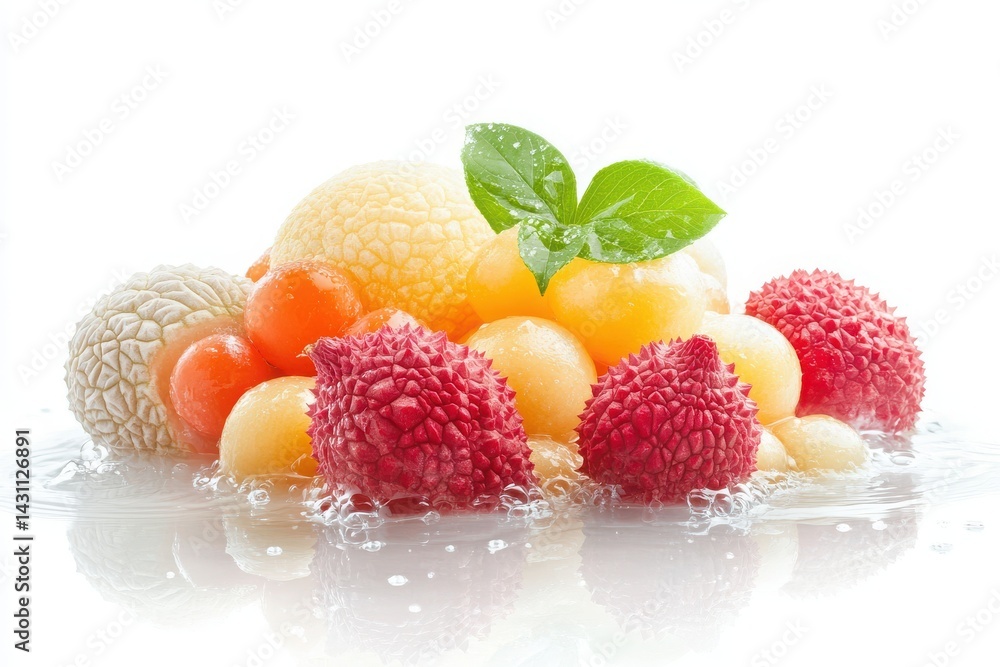 Poster isolated wet and refreshing mix of lychee and melon pieces on white.