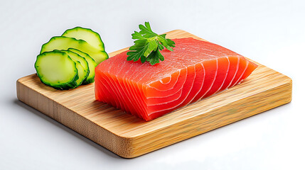 Fresh salmon steak garnished with parsley and cucumber slices on wooden cutting board, showcasing vibrant colors and textures