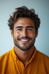 Obraz premium Portrait of a handsome latino man with beard smiling in orange shirt standing confidently against white background. 