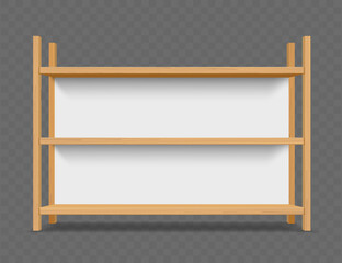 Blank empty wooden trade stands shop racks. Storefronts shelves isolated on transparent background. Vector mockup