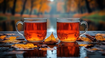 Two Cups of Tea by Autumn Lake: A Serene Autumnal Scene