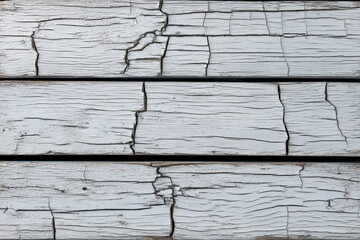 Cracked, weathered white paint reveals the wood grain of aged planks, evoking a vintage, rustic aesthetic.