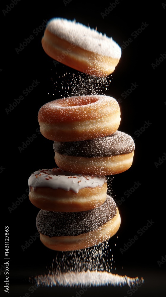 Poster stacked donuts with sugar falling on a black background creating a visually appealing image perfect 