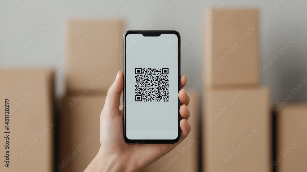 Poster smartphone displaying qr code in front of stacked cardboard boxes representing marketing and invento