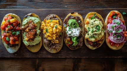 Baked potato bar with diverse toppings.