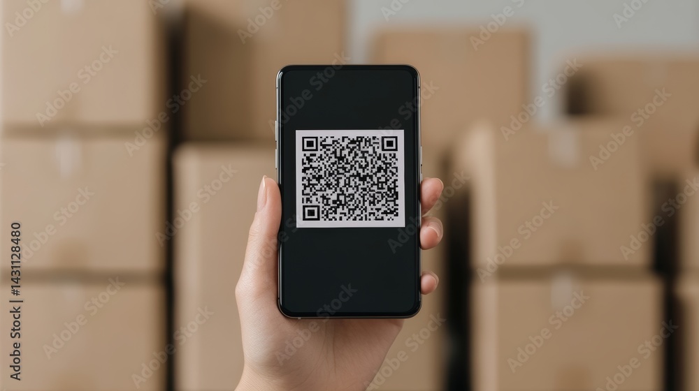 Poster hand holding smartphone displaying qr code in front of stacked cardboard boxes for marketing and del