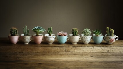A row of lovely vintage teacups filled with miniature succulents on an old wooden table in the garden. Colorful, perfect for lovers of gardening and vintage aesthetics.