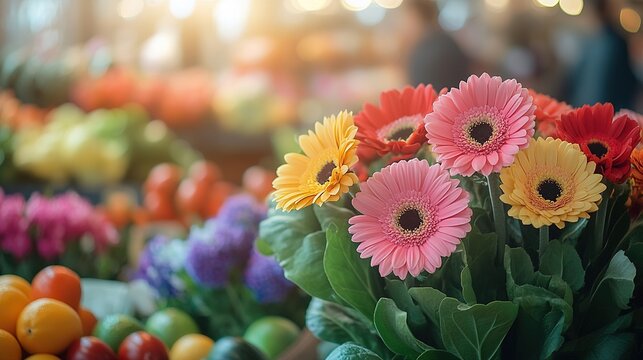 Vibrant flower bouquet amidst fresh produce.  A colorful display of daisies and other blossoms in a market setting,  surrounded by a variety of fruits and vegetables - Powered by Adobe