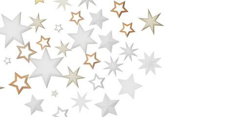 An abstract composition of stars in different sizes and shades of white and gold, against a dark backdrop.