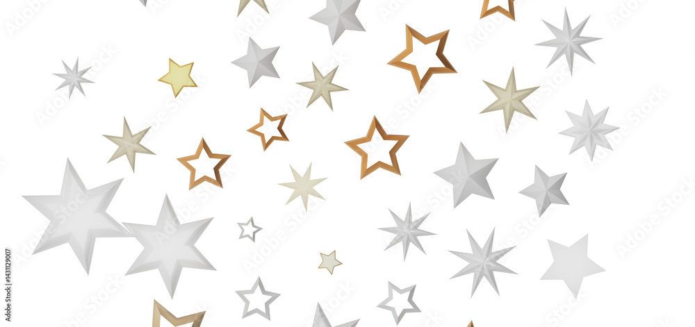 Poster a digital abstract design with various sizes of stars in gold, silver and white on a black backgroun
