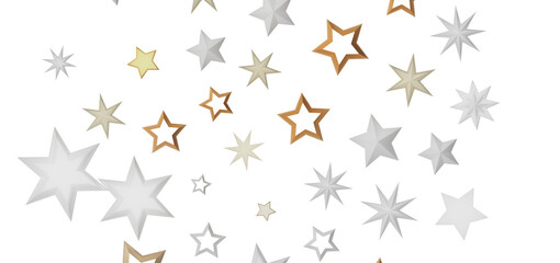 A digital abstract design with various sizes of stars in gold, silver and white on a black background.