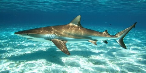 Fototapeta premium A sleek shark swimming majestically through the clear blue waters, with sunlight shining down