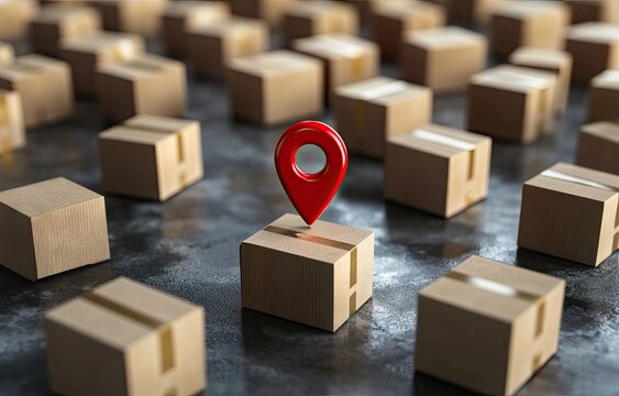 Shipping location tracking.  A highlighted package among many