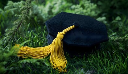 A black graduation cap with a yellow tassel sits on a green grass background, captured in a close-up view