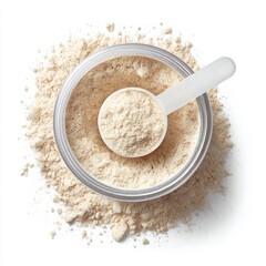 Protein powder with scoop isolated on white background