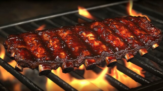 Grilled BBQ Ribs on Fire