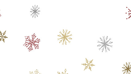 Gold, Silver, and Red Snowflakes on White Background