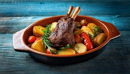 traditional braised leg of lamb roast with vegetables and fried potatoes served as close up in a rustic design casserole on a rustic wooden table
